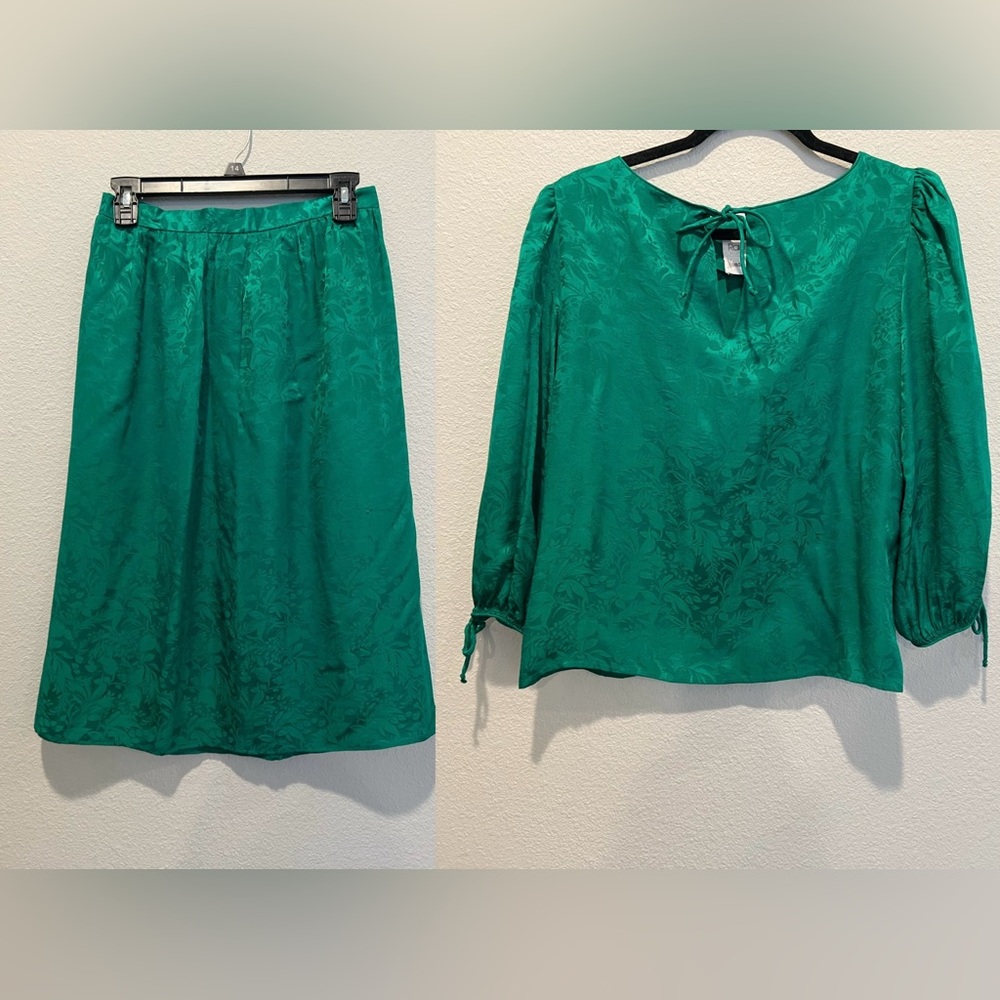 Raul Blanco Silk 2 Piece Set Emerald Green Top & Skirt Tie Neck Puff Sleeve 12